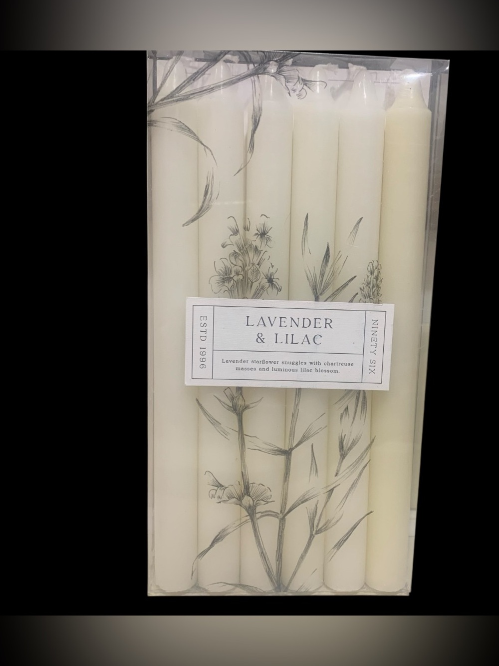 Set of 6 Lavender & Lilac Scented Tapered 10” Plain White Candles By Ninety Six